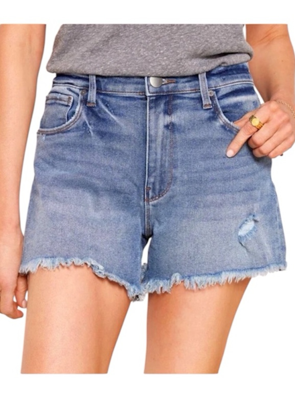 Evereve High Rise Distressed Blue Denim Shorts Raw Frayed Hem Size 28